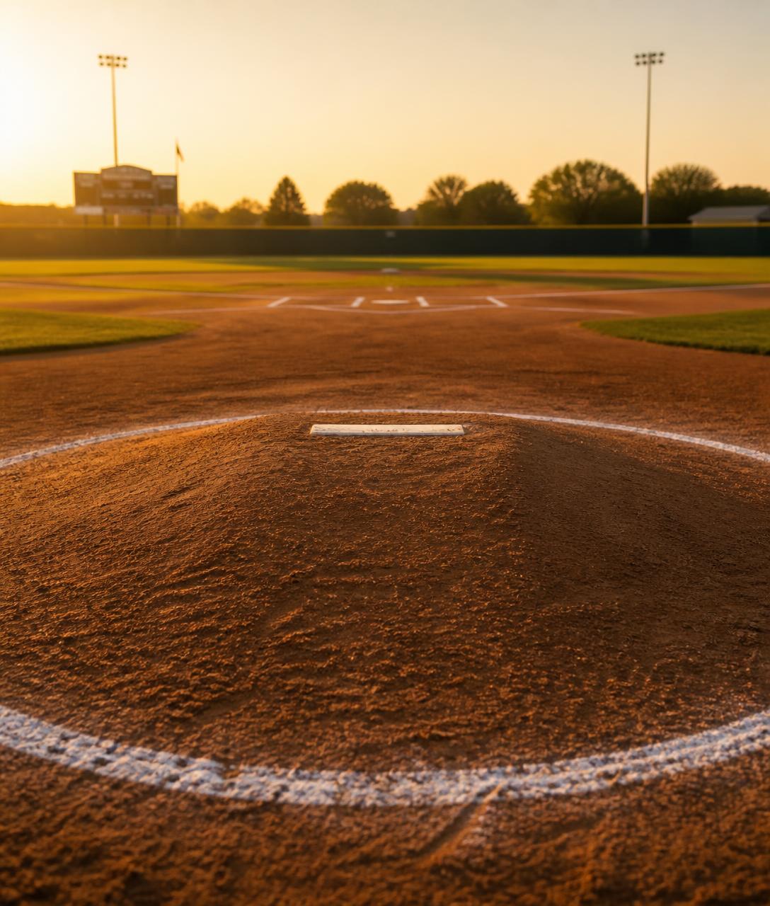 Freshly chalked pitching mound at sunset, ready for a session